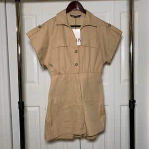 Tan Cotton-Linen Romper Jumpsuit Size Medium Zara Brand New